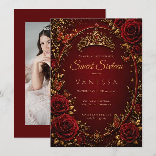 Prinses foto rood sweet 16 kaart (Voorkant / Achterkant)