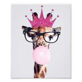 Prinses Giraffe die Roze Bubble gum blaast Foto Afdruk