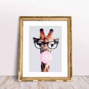 Prinses Giraffe die Roze Bubble gum blaast Foto Afdruk