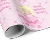  prinses Girl Happy Birthday Custom Roze Cadeaupapier (Rol Hoek)
