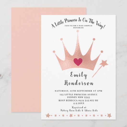  Prinses Gold Crown Pink Baby shower Kaart (Voorkant / Achterkant)