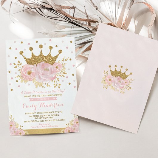  Prinses Gold Crown Pink Floral Baby shower Kaart