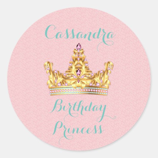 Prinses Goud Jeweled Tiara Roze Damask Ronde Sticker (Voorkant)