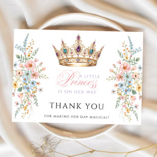 Prinses Gouden Kroon Bloemige Baby Shower Dank je  Bedankkaart