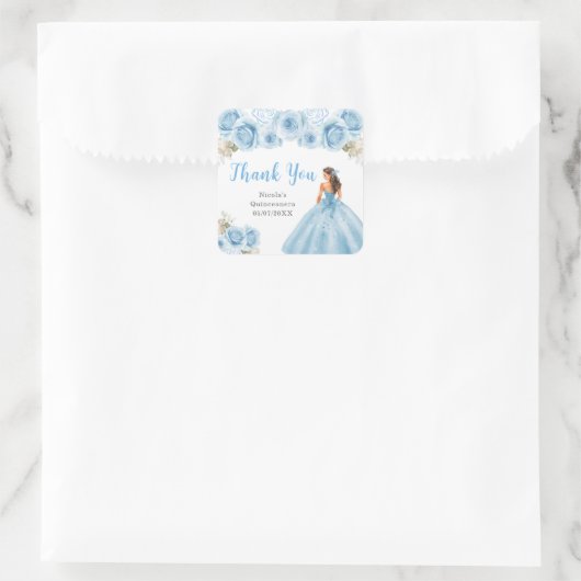 Prinses in blauwe jurk Quinceanera Bedankt Vierkante Sticker (Tas)