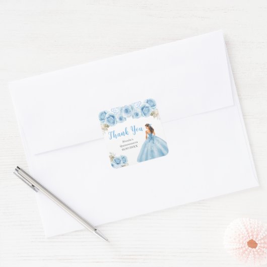 Prinses in blauwe jurk Quinceanera Bedankt Vierkante Sticker (Envelop)