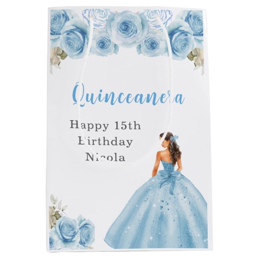 Prinses in blauwe jurk Quinceanera Verjaardag Medium Cadeauzakje (Voorkant)