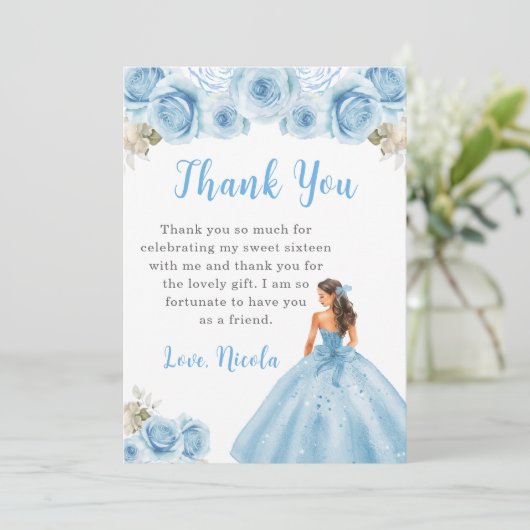 Prinses in blauwe jurk Sweet Sixteen Dank u Bedankkaart (Staand voorkant)