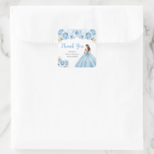 Prinses in blauwe jurk Sweet Sixteen Dank u Vierkante Sticker (Tas)