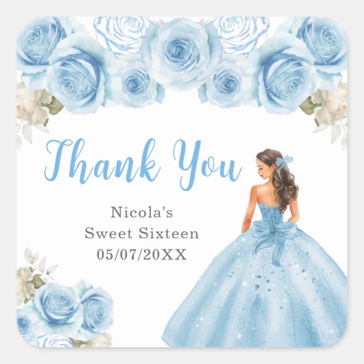 Prinses in blauwe jurk Sweet Sixteen Dank u Vierkante Sticker (Voorkant)