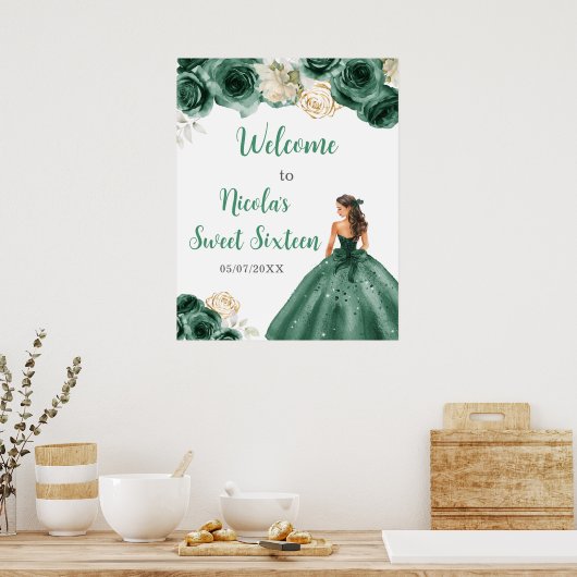 Prinses in donkergroene jurk Sweet Sixteen Welkom Poster (Keuken)