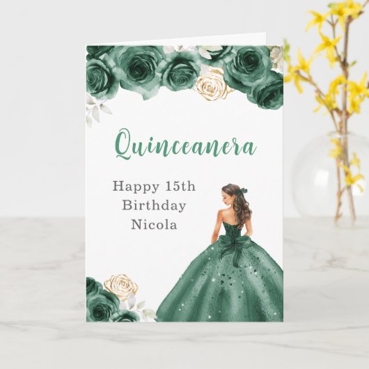 Prinses in donkergroene jurk Verjaardag Quinceaner Kaart (Gele Bloem)