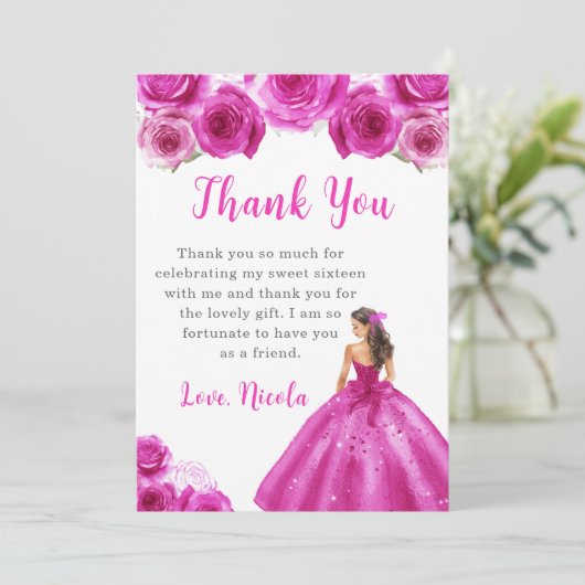Prinses in een hete roze jurk Sweet 16 Dank u Bedankkaart (Staand voorkant)