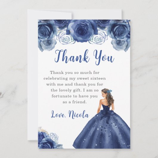Prinses in een Navy Dress Sweet Sixteen Dank u Bedankkaart (Voorkant)