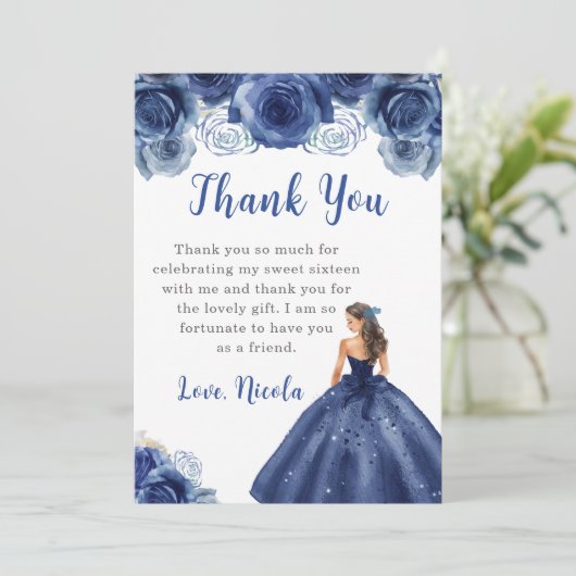 Prinses in een Navy Dress Sweet Sixteen Dank u Bedankkaart (Staand voorkant)
