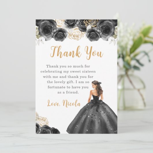 Prinses in een zwarte jurk Sweet Sixteen Dank u Bedankkaart (Staand voorkant)