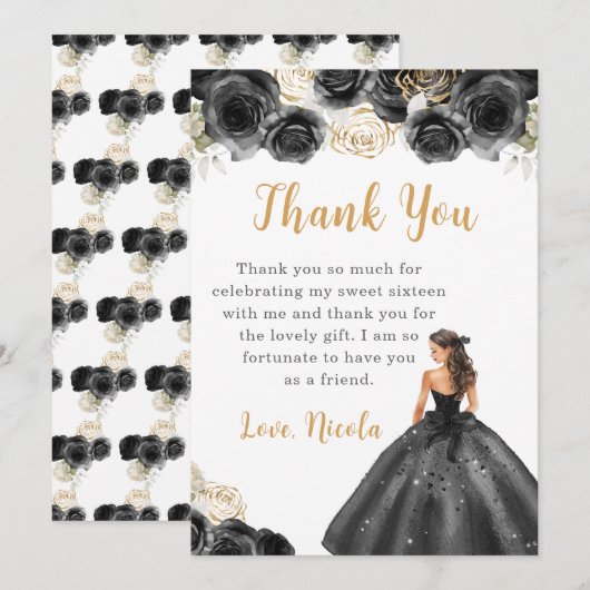 Prinses in een zwarte jurk Sweet Sixteen Dank u Bedankkaart (Voorkant / Achterkant)