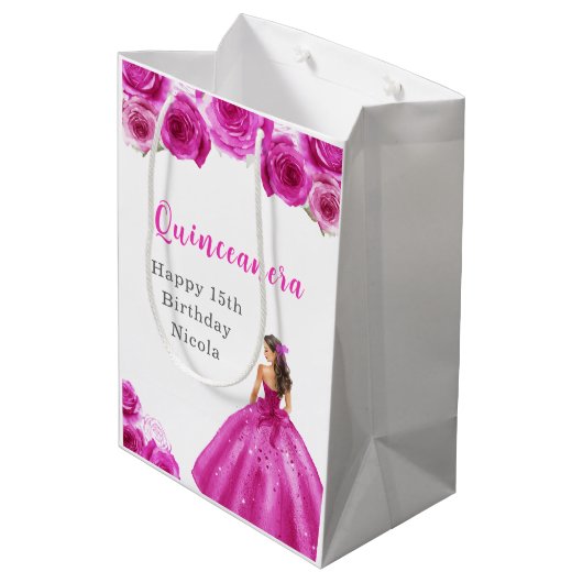 Prinses in hete roze jurk Quinceanera Medium Cadeauzakje (Achterkant Gekanteld)