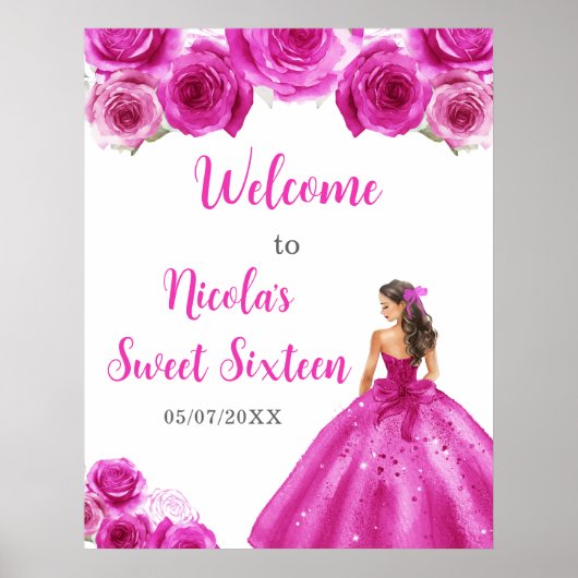 Prinses in hete roze jurk Sweet Sixteen Welkom Poster (Voorkant)