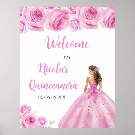 Prinses in lichte roze jurk Quinceanera Welkom Poster (Voorkant)