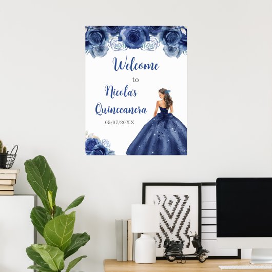 Prinses in Navy Blue Dress Quinceanera Welkom Poster (Thuiskantoor)