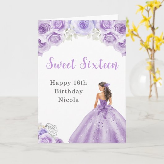 Prinses in Paarse jurk Sweet Sixteen Birthday Kaart (Gele Bloem)