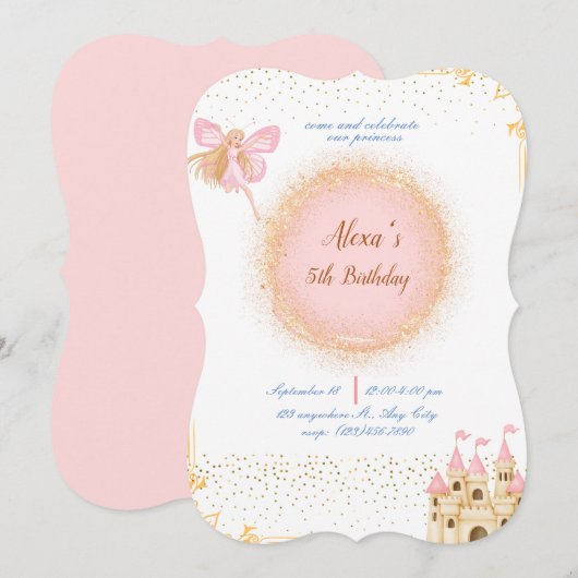 Prinses in Prink Uitnodiging voor verjaardag (Voorkant / Achterkant)