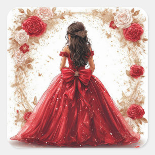 Prinses in rode jurk omringd door rozen vierkante sticker