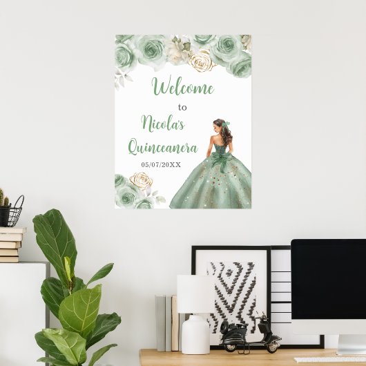 Prinses in Sage Green Dress Quinceanera Welkom Poster (Thuiskantoor)