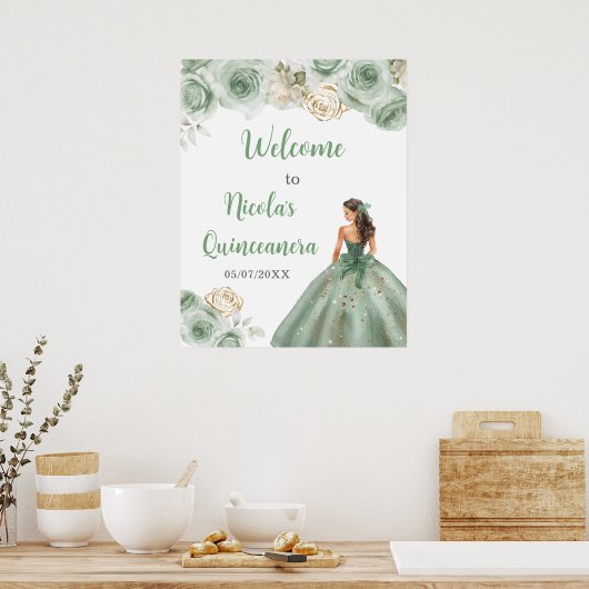 Prinses in Sage Green Dress Quinceanera Welkom Poster (Keuken)