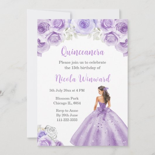 Prinses in stoffige Paarse jurk Quinceanera Kaart (Voorkant)