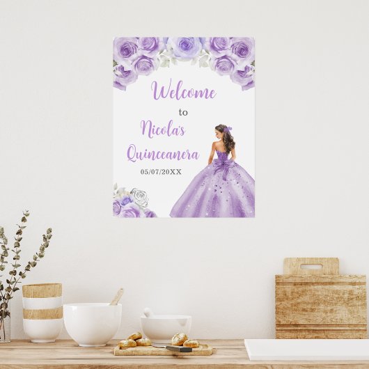 Prinses in stoffige Paarse jurk Quinceanera Welkom Poster (Keuken)