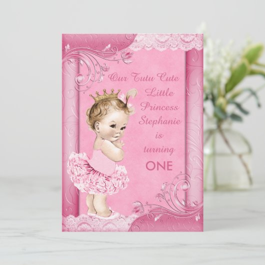 Prinses in Tutu Baby 1e Verjaardag Faux Kant Kaart (Staand voorkant)