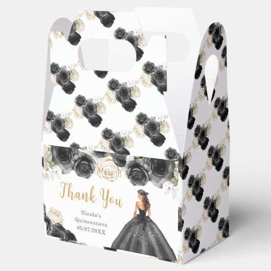 Prinses in zwarte jurk Quinceanera Bedankt Bedankdoosjes (Geopend)
