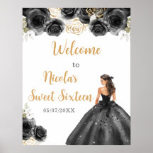 Prinses in zwarte jurk Sweet Sixteen Welkom