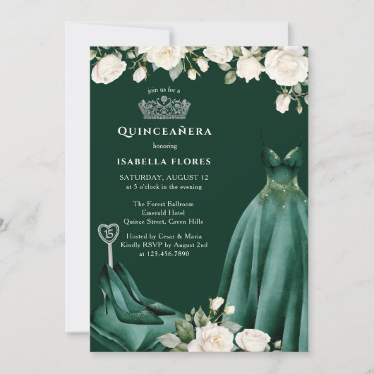 Prinses Jurk en Rozen Groene Quinceanera Kaart (Voorkant)