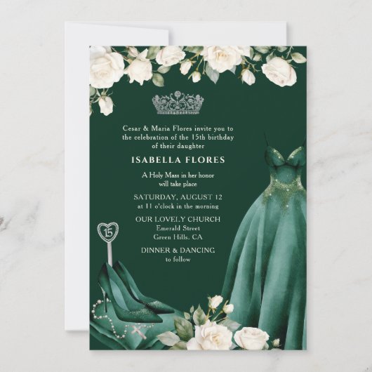 Prinses Jurk en Rozen Groene Quinceanera Mass Kaart (Voorkant)