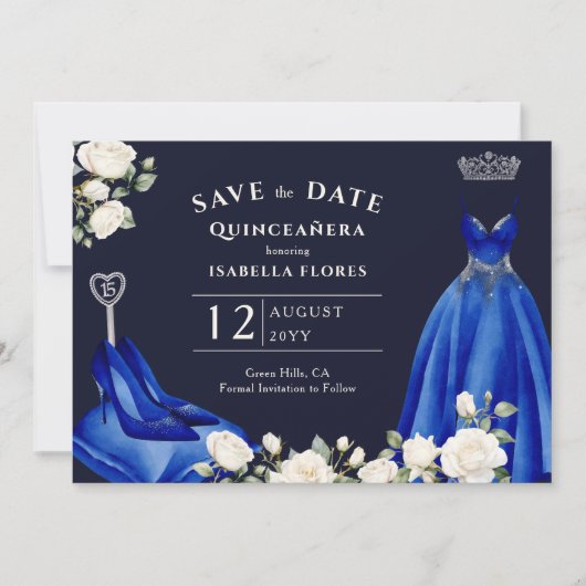 Prinses Jurk en witte rozen Royal Blue Foto Save The Date (Voorkant)