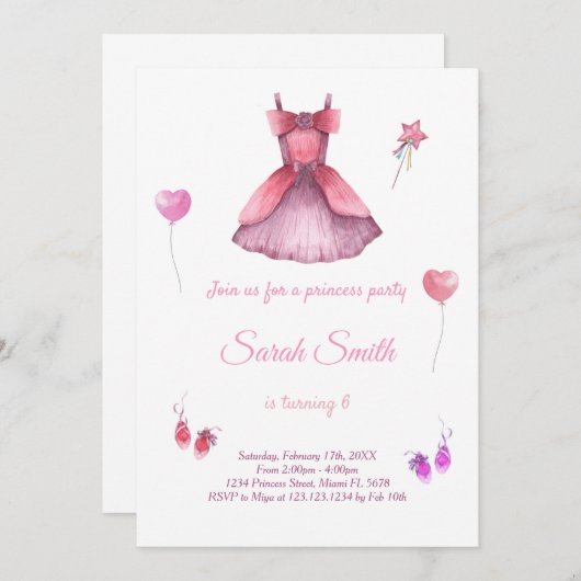 Prinses Jurk verjaardag uitnodiging (Voorkant / Achterkant)