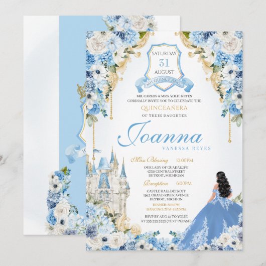 Prinses Kasteel Lichtblauw Assepoester Quinceanera Kaart (Voorkant / Achterkant)