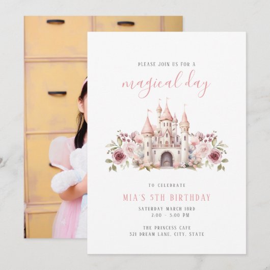 Prinses Kasteel Verjaardag Foto uitnodiging Meisje (Voorkant / Achterkant)