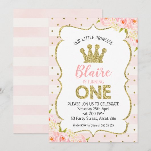 Prinses Kroon 1e verjaardag uitnodiging (Voorkant / Achterkant)