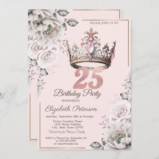Prinses Kroon Bloemen 25ste Verjaardag Feest Kaart (Voorkant / Achterkant)