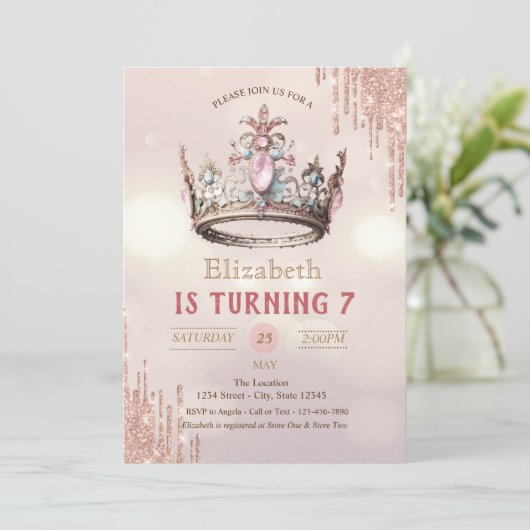 Prinses Kroon Glitter Drips Bokeh Verjaardag Kaart (Staand voorkant)