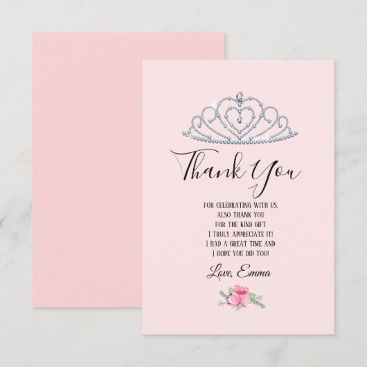 prinses, kroon, glitter kroon, dank je wel. bedankkaart (Voorkant / Achterkant)