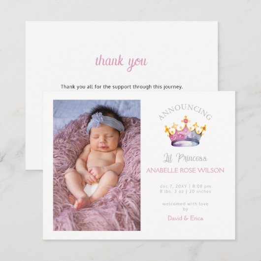 Prinses Kroon Meisje Roze Foto Geboorte Aankondigi Aankondiging (Voorkant / Achterkant)