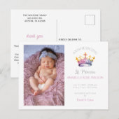 Prinses Kroon Meisje Roze Foto Geboorte Aankondigi Aankondigingskaart (Voorkant / Achterkant)