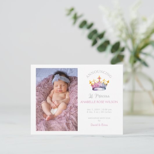 Prinses Kroon Meisje Roze Foto Geboorte Aankondigi Aankondigingskaart (Staand voorkant)
