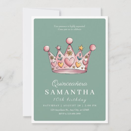 Prinses Kroon Roze 10e Meisje Verjaardag Kaart (Voorkant)