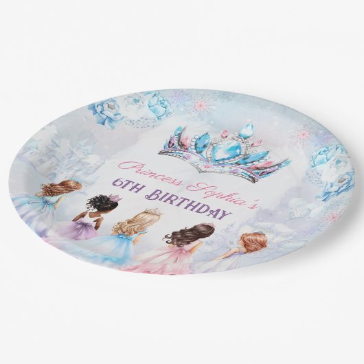 Prinses Kroon Roze Blauw Winter Meisje Verjaardag Papieren Bordje (Gekanteld)